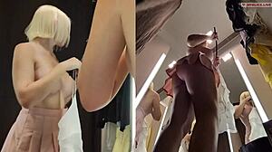 Holy shit! Hidden cam spies juicy blonde pussy in public changing room!