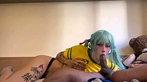 Skinny Brazilian Cosplay Babe Hatsune Miku Deepthroats and Swallows Cum