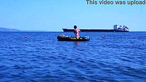 mature beauty poses bikini on volga river boat