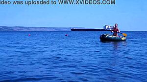 mature beauty poses bikini on volga river boat