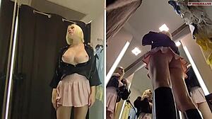 Holy shit! Hidden cam spies juicy blonde pussy in public changing room!