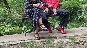 curvy mother in law strokes cock and takes cum load outdoors