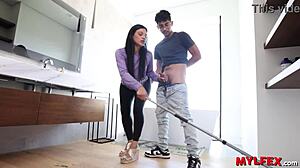 Pervy stepson strokes busty milf mom secretly while she cleans house oblivious