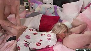 three shemales kick off pajama party with hot sucks and bareback anal