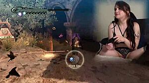 sexy bimbo gamer in pigtails masturbates with lovense vibrator