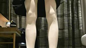 Watch this tranny femboy stroke her cock in black dress until massive cum explosion