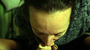 Blue-eyed brunette cutie gulps huge wet mouthful of cum