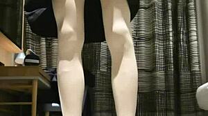 Watch this tranny femboy stroke her cock in black dress until massive cum explosion