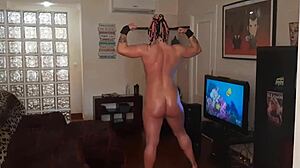 oiled bodybuilder milf flexes muscles while showing huge clit pussy tits for creampie