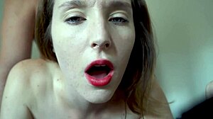 Red Lipstick Brunette's POV Blowjob Ends in Tight Creampie Explosion
