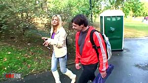 we fuck outdoors and blast cumshot all over her huge tits babe