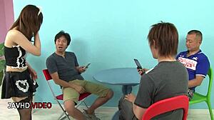 japanese maid's sloppy blowjob turns group fuck into messy cum chaos