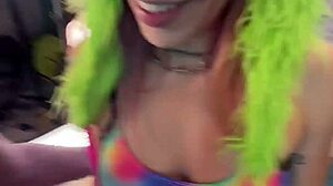 Hey, watch this adorable inked girl ride her massive dildo backstage?