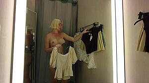 Hot blonde mycandyalice tries sexy outfits flashes boobs in mall fitting room