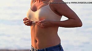 lady's softly bouncing boobs in bra go fully nude clothed tease