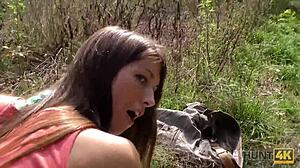 young czech teen bends over takes anal cash pounding doggystyle outdoors