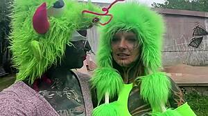 Hey, watch this adorable inked girl ride her massive dildo backstage?