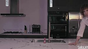 i'm in the kitchen slamming sara jay's big tits on her pink glass dildo