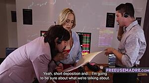 Blonde milf bends over market stall for bull run doggystyle while on phone sex call.