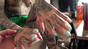 i get so turned on seeing rin's full tattooed naked body that i suck her nipples and neck then mix tongues in deep kiss while she cutely licks my hard cock