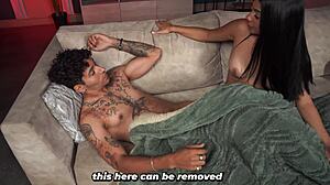 brunette stepsis teases bro on couch while watching tv ends up bent over taking hard pussy fuck