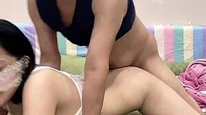 Asian Brunette Babe Bent Over Moans from Doggystyle Pussy Lick and Big Tits Fuck