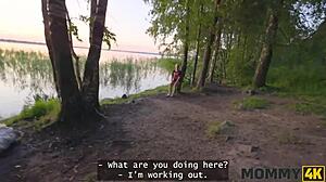 Russian cougar Malusha picks up huge cock dude in park and fucks him fast