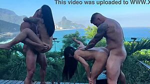 Two muscular hunks drill curvy Brazilian babes in wild foursome