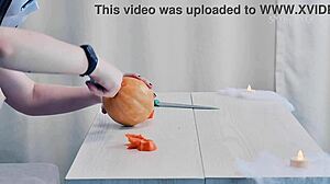 sexy ghostface carves erotic pumpkin for halloween trick treat