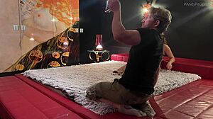 big titted milf delivers sloppy double blowjob in threesome behind scenes