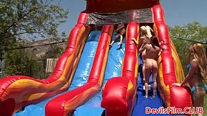 Ever seen shaved lesbians toy juicy pussies outdoors with strap-ons?