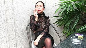 Young leather skirt teen smokes topless outdoors in high heels pov