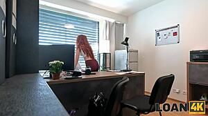 hot redhead seals loan deal by seducing manager with tight body in office