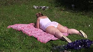 big ass lesbians outdoors vibe hairy pussies to wild orgasms then sunbathe naked!