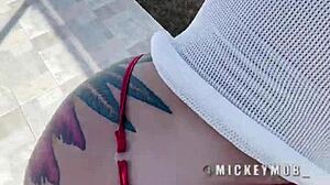 big booty santana red drops to knees for outdoor blowjob on huge cock