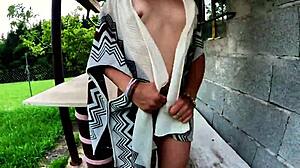 Athletic babe risks it all flashing her juicy cameltoe pussy and narrow ass in public spots nearly caught by crowds