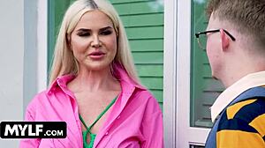 how does classy bombshell milf elisa bethann let nerdy young neighbor fuck her fake tits cowgirl?