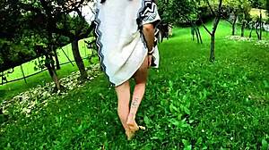 Athletic babe risks it all flashing her juicy cameltoe pussy and narrow ass in public spots nearly caught by crowds