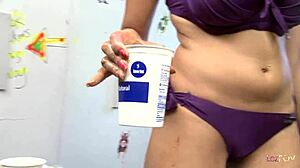 Lesbians Smear Food While Rubbing Pussies And Licking Each Other