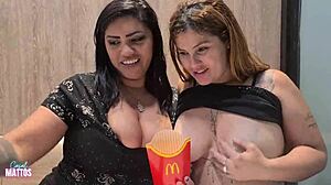 Bisexual Amateurs Eat Natural Tits And Pussy At Outdoor Fast Food Public Spot