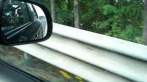 Mature Blonde Housewife Fingers Shaved Pussy to Orgasm Driving Car Public