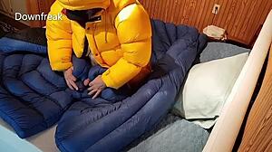 Watch puffy nylon humping on comforter explode with massive cumshots galore!