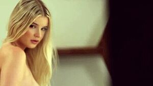 Blonde bombshell teen peels lingerie unveiling big tits curves