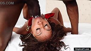 black stud devours ebony milf's shaved pussy then face fucks her petite frame relentlessly