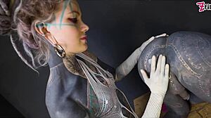 tattooed dominatrix stretches tranny's ass with brutal fisting in goth femdom anal session