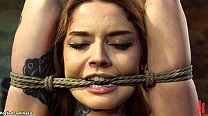 Tattooed petite slut bound hogtied gagged deepthroats dildo then fucked rough with toys