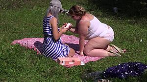 big ass lesbians outdoors vibe hairy pussies to wild orgasms then sunbathe naked!