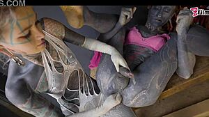 tattooed dominatrix stretches tranny's ass with brutal fisting in goth femdom anal session