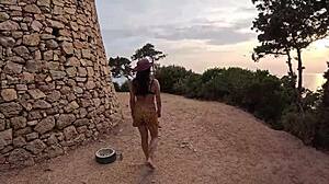 Athletic babe risks it all flashing her juicy cameltoe pussy and narrow ass in public spots nearly caught by crowds