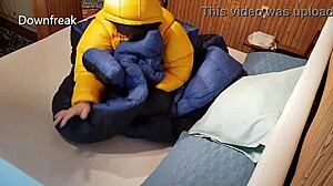Watch puffy nylon humping on comforter explode with massive cumshots galore!